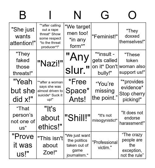 Gamer Gate Bingo Card