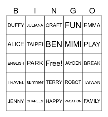 summer camp Bingo Card