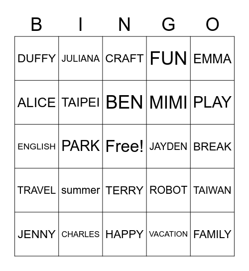summer camp Bingo Card
