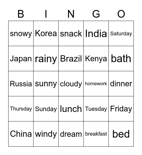 Let's Try 2　Unit 1-4 Review Bingo Card