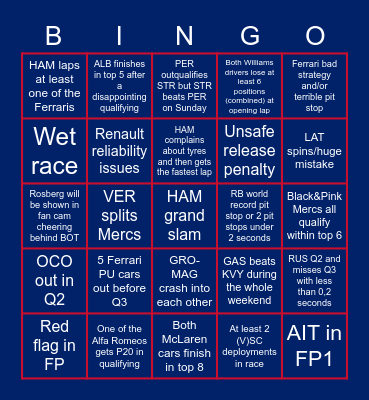 F1 2020 British GP - Silverstone R1 Bingo Card