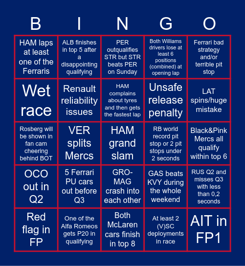 F1 2020 British GP - Silverstone R1 Bingo Card