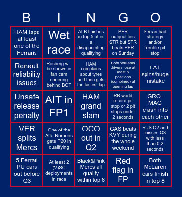 F1 2020 British GP - Silverstone R1 Bingo Card