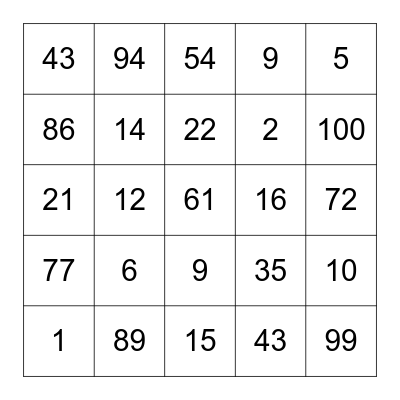 Number Bingo Card