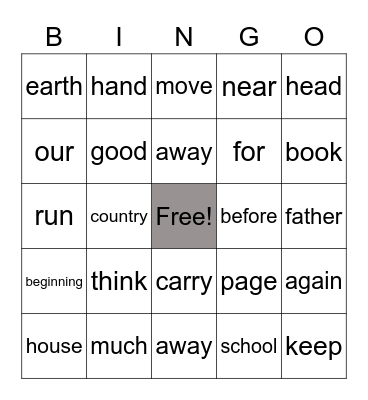 Sight Word Bingo Card
