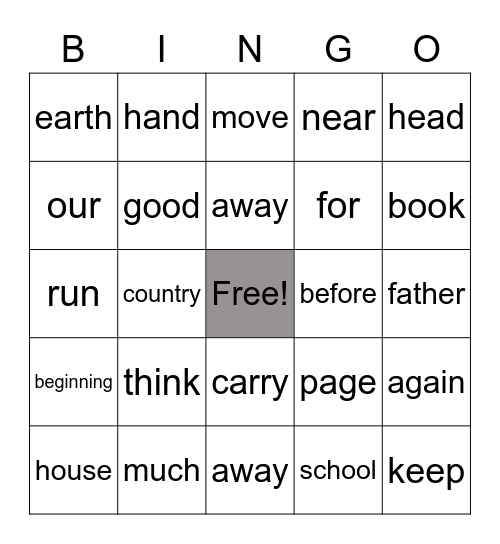 Sight Word Bingo Card