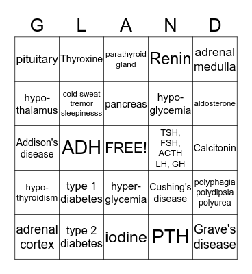 Endocrine System Bingo Card