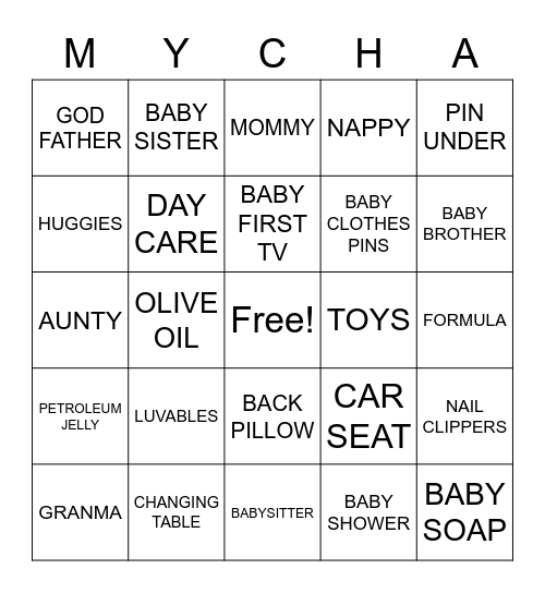 Babee MYCHA BINGO Card