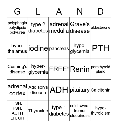 Endocrine System  2 Bingo Card