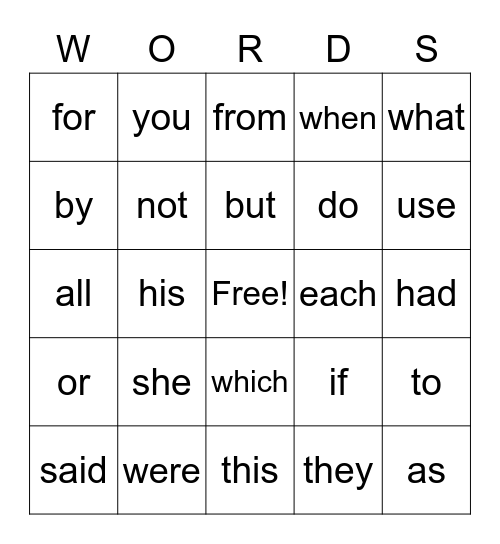 High Frequency Words 1-50 Bingo Card