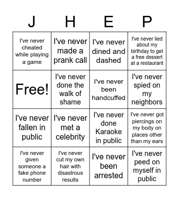 JHEP Virtual I've Never Icebreaker Bingo Card