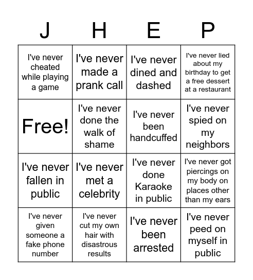 JHEP Virtual I've Never Icebreaker Bingo Card