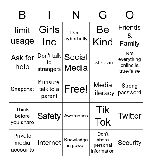 Safety on Social MediaKno Bingo Card