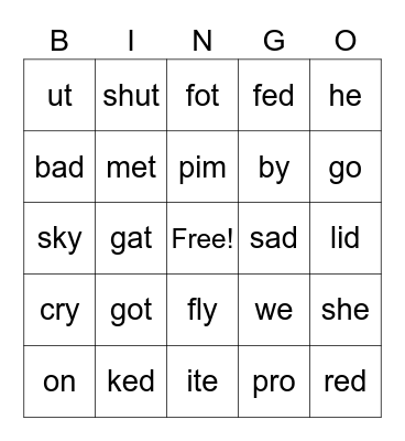 Open/Closed Syllables Bingo Card