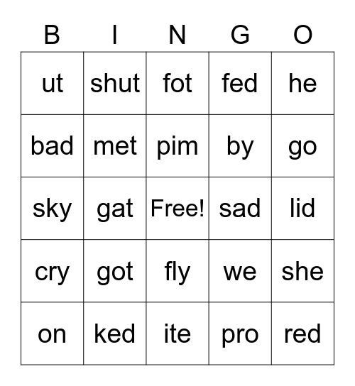 Open/Closed Syllables Bingo Card