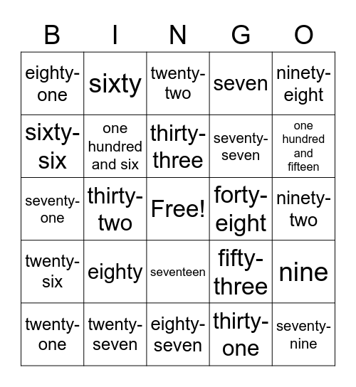 Number Words 1-120 Bingo Card