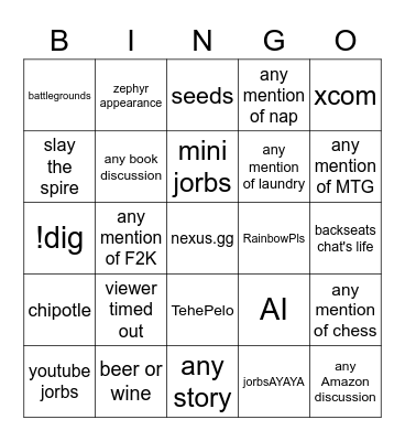 jorbs july 22nd Bingo Card