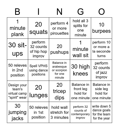 Advanced Dance Challenge Bingo Card