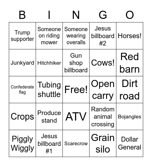 Southern Roadtrip Bingo Card