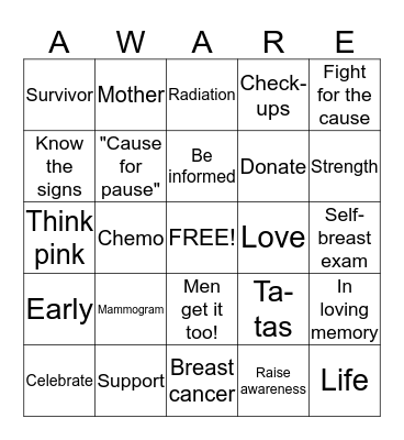 Breast Cancer Awareness Week Bingo Card