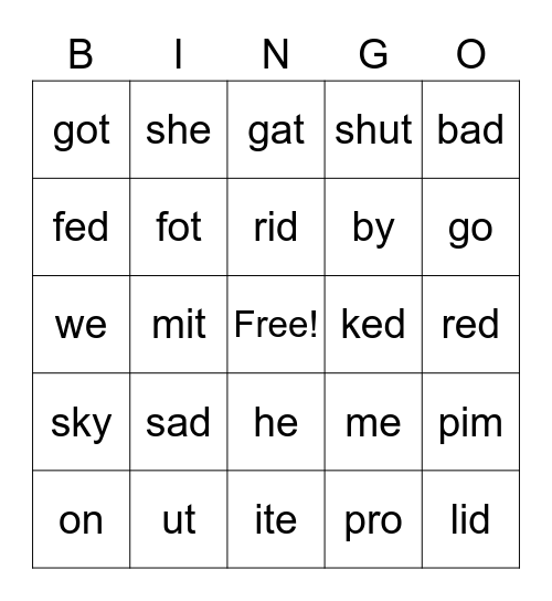 Open/Closed Syllables Bingo Card