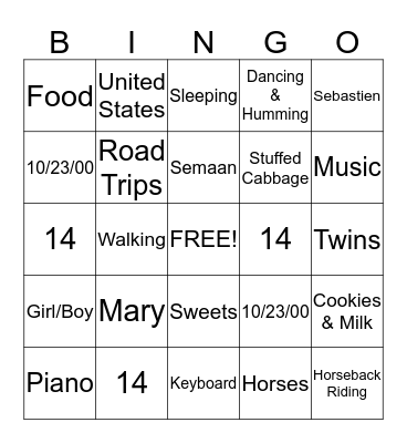 Sebastien & Mary's Birthday Bingo Card