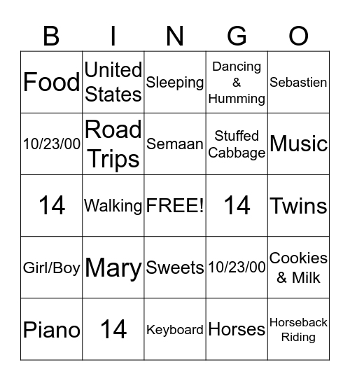 Sebastien & Mary's Birthday Bingo Card