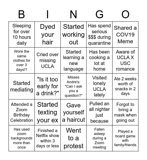 UCLA Quarantine Bingo Card