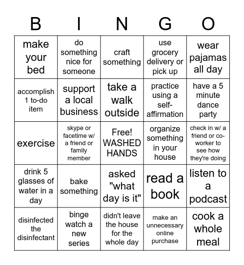 Quarantine Bingo Card