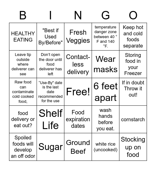 Food Safety during Quarantine Bingo Card