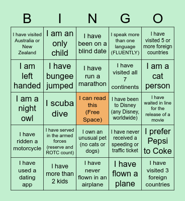 Getting to Know You Bingo Card