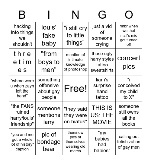 one direction Bingo Card