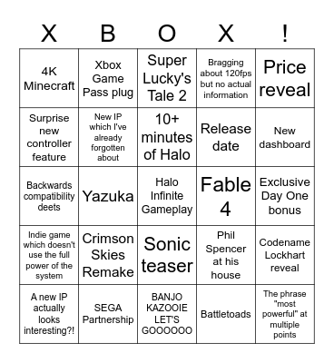 Xbox Showcase Bingo Card