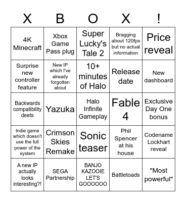 Xbox Showcase Bingo Card
