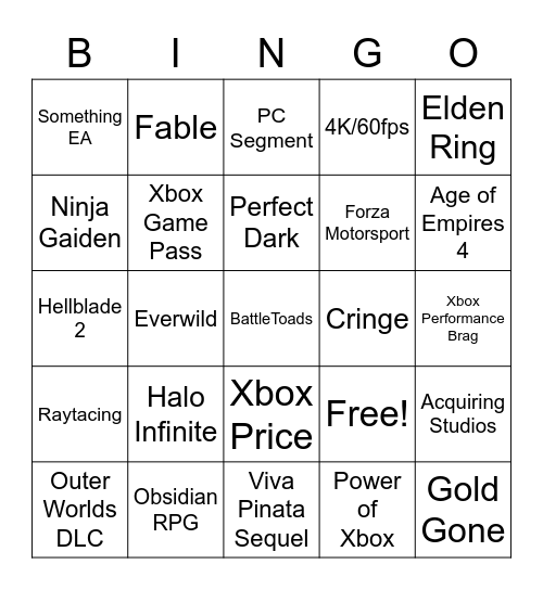 Xbox 2020 Bingo Card