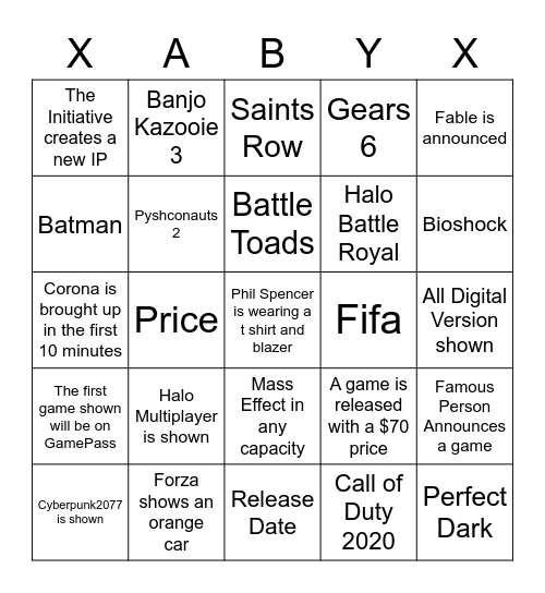 XBOX Series X Showcase Bingo Card