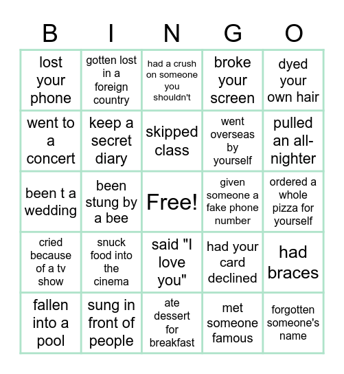Bingo: Have you ever? Bingo Card