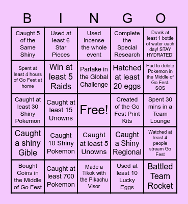 JR's Pokemon Go Fest BINGO! Bingo Card