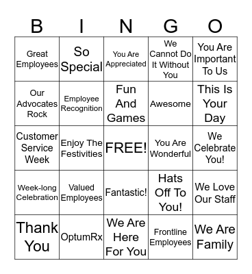 Customer Service Week Bingo Card