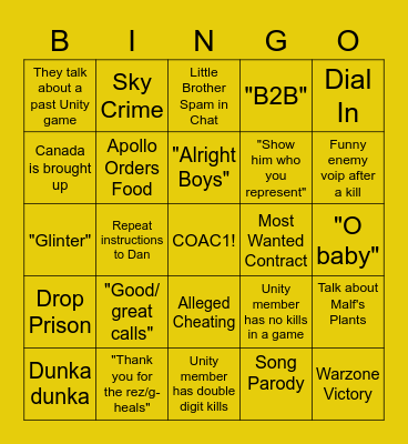 Team Unity Tuesday Warzone Bingo Card