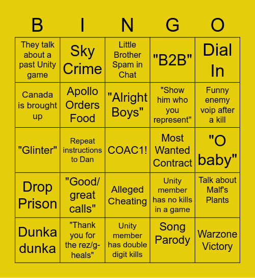 Team Unity Tuesday Warzone Bingo Card