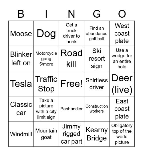 Road Trip Bingo Card