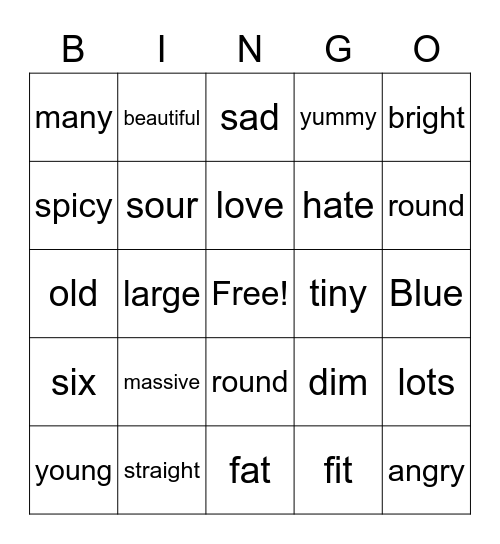 Adjectives Bingo Card