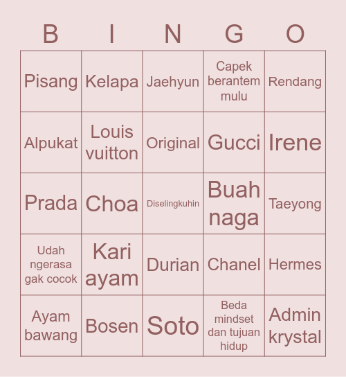 JENNIE Bingo Card