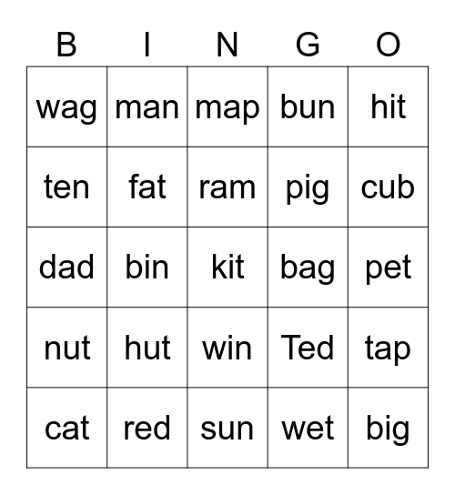 Short Vowel Bingo !! Bingo Card