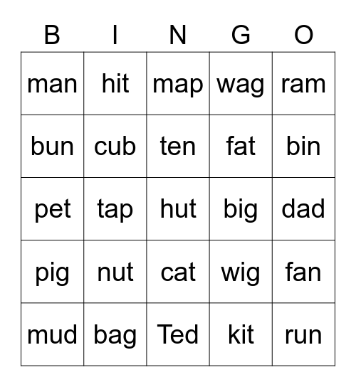Short Vowel BINGO !! Bingo Card
