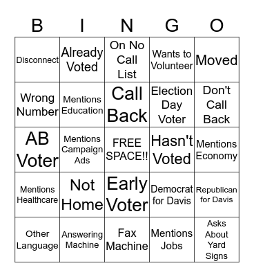 Davis/Docking GOTV Bingo Card