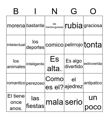 Spanish 1 Chapter 2 Bingo Card