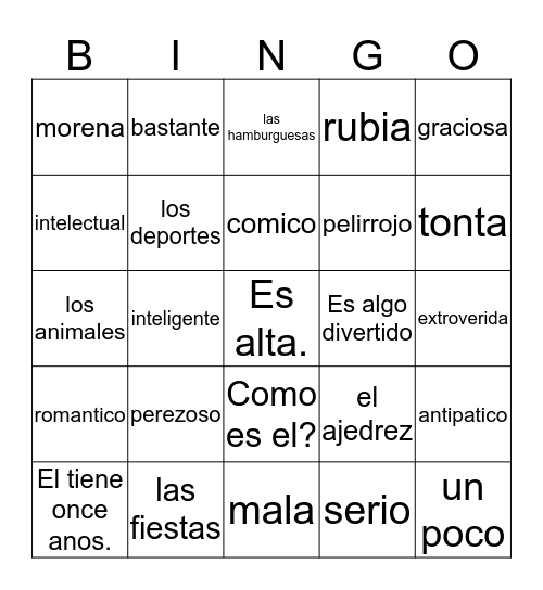 Spanish 1 Chapter 2 Bingo Card