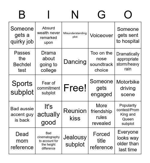 Kissing Booth 2 Bingo Card